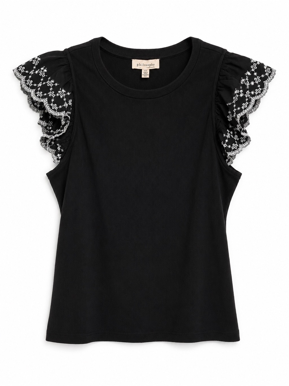 Philosophy Black Tank Top with White Floral Lace Ruffles